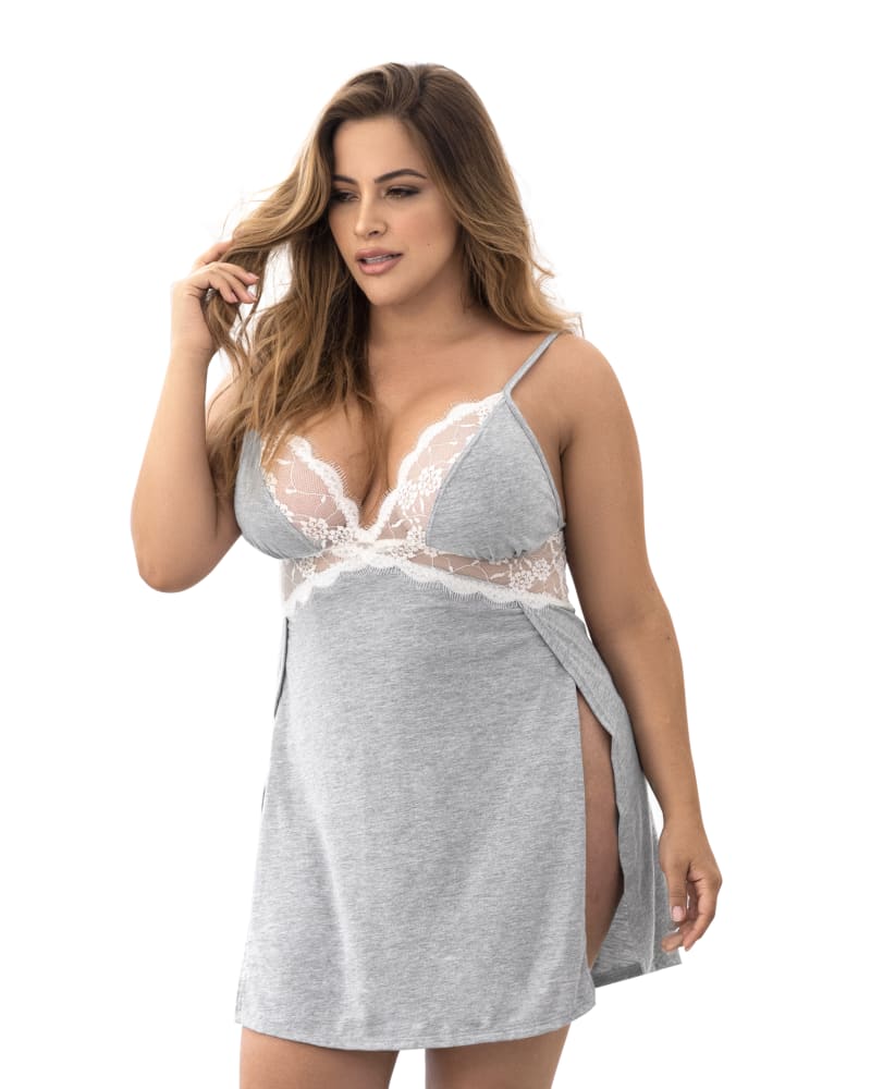 Front of a model wearing a size 1X/2X Vanessa Lace Chemise in Grey by Mapalé. | dia_product_style_image_id:271778